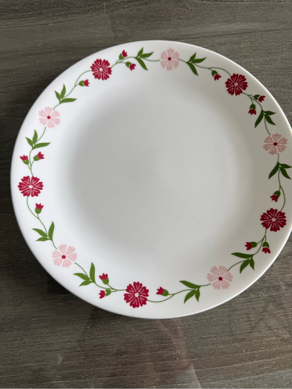 Vintage Corelle White Floral Dinner Plate with Pink and Red Flower Border - one